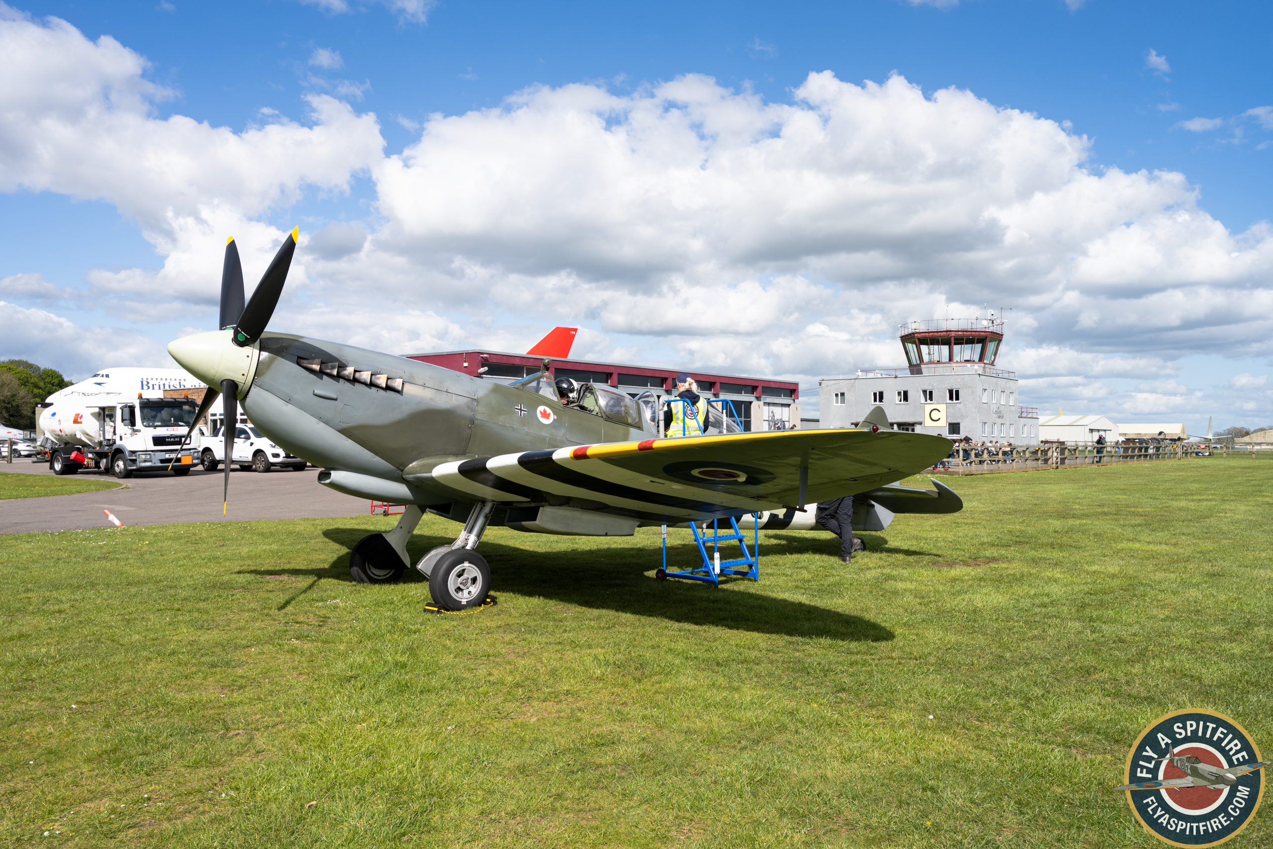 Spitfire MJ627 outside the AV8 Restaurant at Cotswold Airport